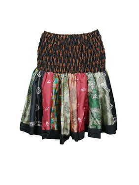 Mogul Women's Vintage 2 in 1 Strapless Dress Skirt Silk Sari Colorful Tiered Sundress S/M