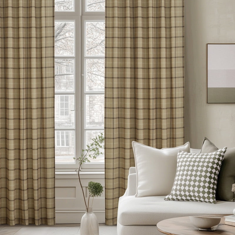 NICETOWN Check Plaid Linen Curtains for Bedroom, Semi Sheer Linen Grid Pattern Curtains Rod Pocket Back Tab Light Filtering Linen Windowpane Curtains, Linen, 52"x63", 2 Panels
