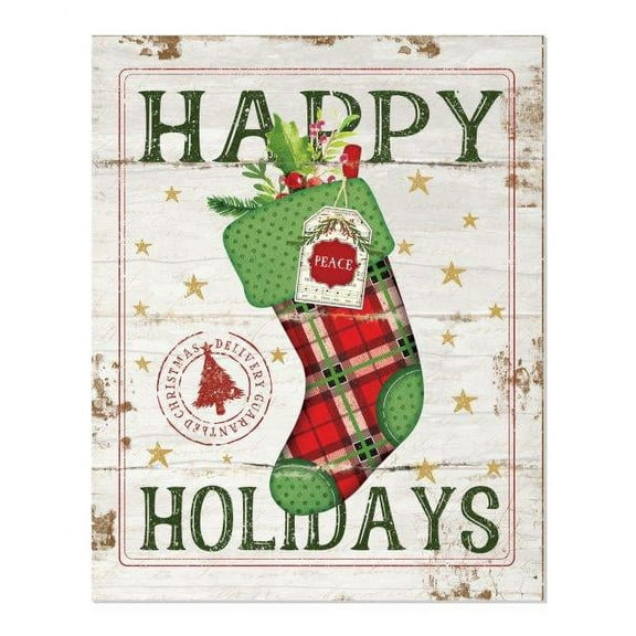 Happy Holidays Stocking Rustic Wood Wall Sign 12x15