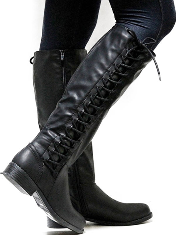 Womens Knee High Boots Ladies Flat Side 