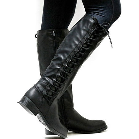 Womens Knee High Boots Ladies Flat Side Lace Up Motorcycle Riding Shoes