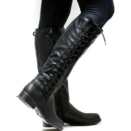 Womens Knee High Boots Ladies Flat Side Lace Up Motorcycle Riding (Best Work Boots For Flat Feet)