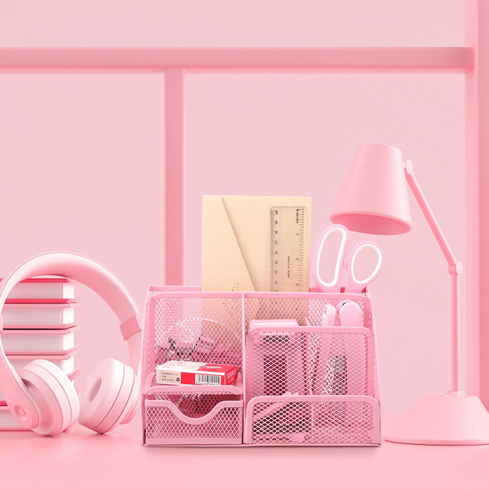 Pink Desk Organizers And Accessories  Office Supplies Include Mesh Organizer Tape Dispenser Stapler 1000 Staples Staple Remover Pen Holder Clips Set Ruler