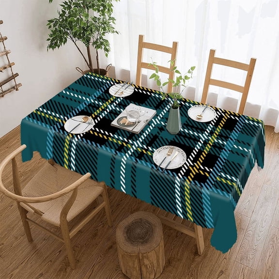 Traditional Blue Tartan Rectangular Tablecloth 55"x70" with Lace Edge, Washable Durable Table Cover for Dining, Indoor Outdoor Home Restaurant Decor
