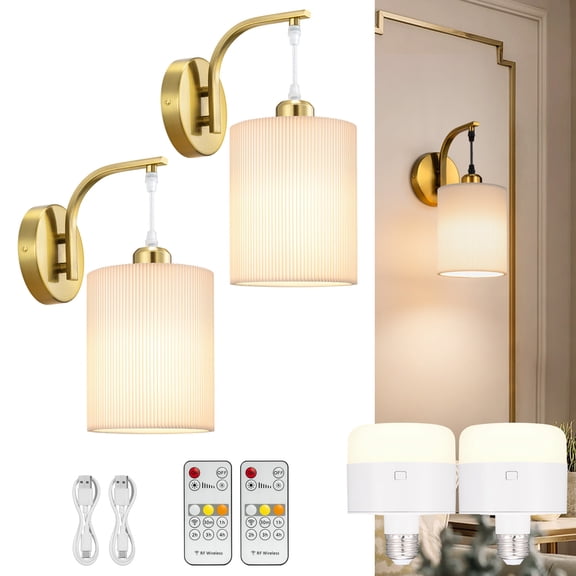Battery Operated Wall Sconce, Pleated Lampshade Rechargeable Sconces with 13000mAh Bulb, Cordless Wall Sconces Set of 2, Battery Powered Hanging Wall Lamp/Lights for Bedroom, Glod