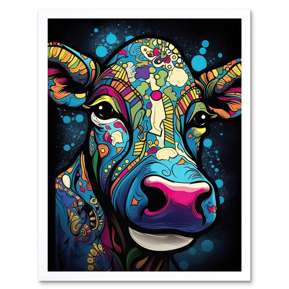 Psychedelic Pattern Cow Acrylic Painting Colourful Folk Portrait Modern Pop Art Art Print Framed Poster Wall Decor 12x16 inch