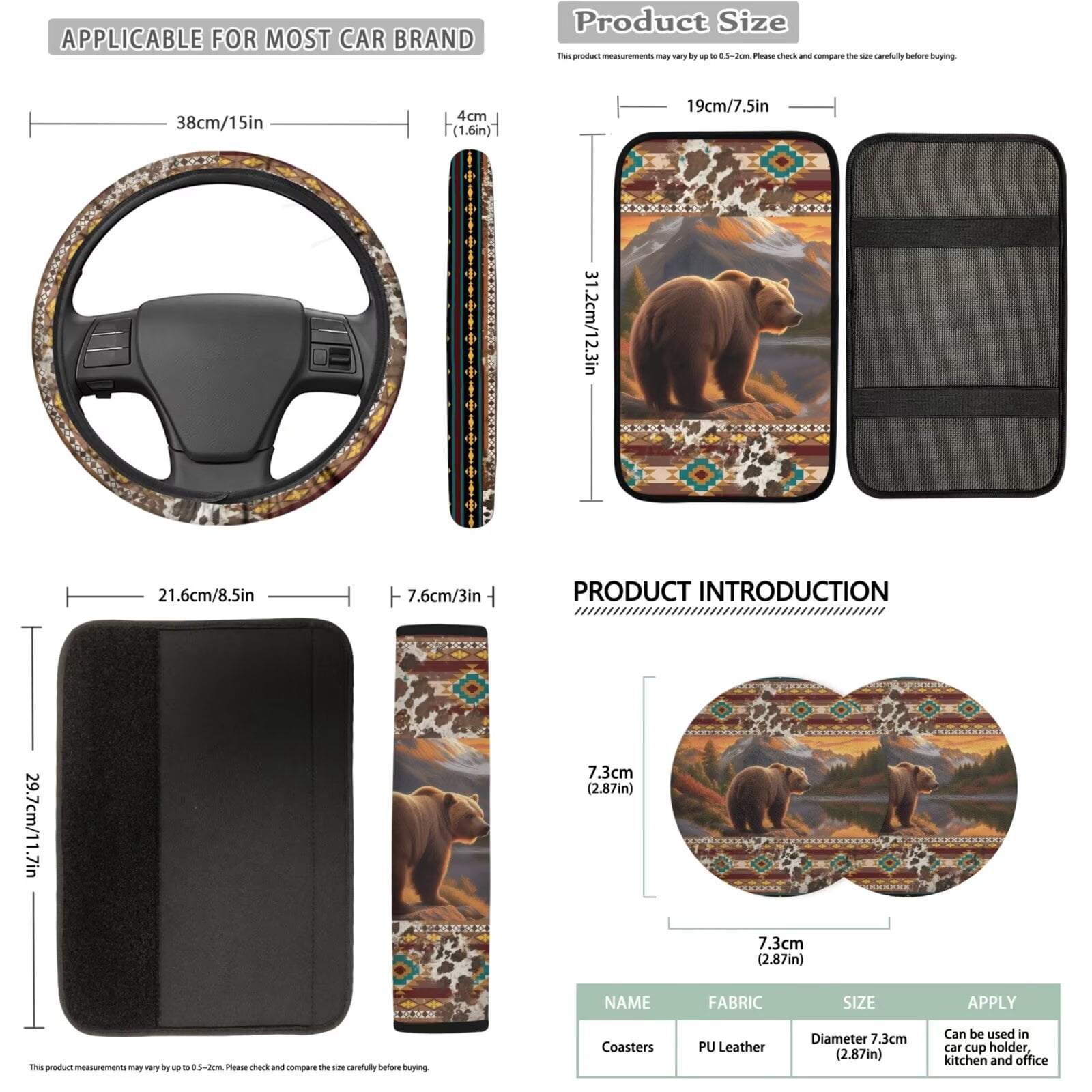 Binienty Aztec Brown Bear Automotive Seat Covers with 15 Inch Steering Wheel Cover Elastic Center Console Cushion Anti-Slip Seat Belt Pads 14 Piece Car Interior Decor Set