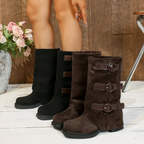 Juebong Women's Fold Over Boots Suede Knee High Chunky Heel Boots Closed Round Toe Buckle Mid-Calf Boot Black,37