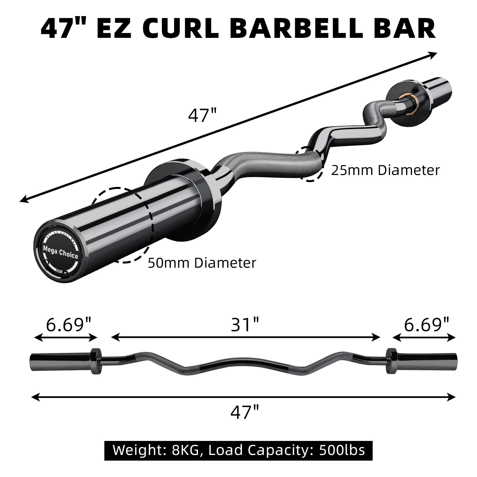 JoanKaren 47" Olympic EZ Curl Barbell Bar with 2 Collars,500lbs Capacity,Suitable for 2" Weight Plates,for Home Gym & Strength Training,Black