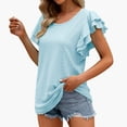 thumbnail image 4 of Tittly T Shirts for Women Basic Tees Women's Summer Top V Neck Ruffle Short Sleeve Casual Loose Tee T Shirts Tshirts Shirts Womens Tops Blue S, 4 of 6