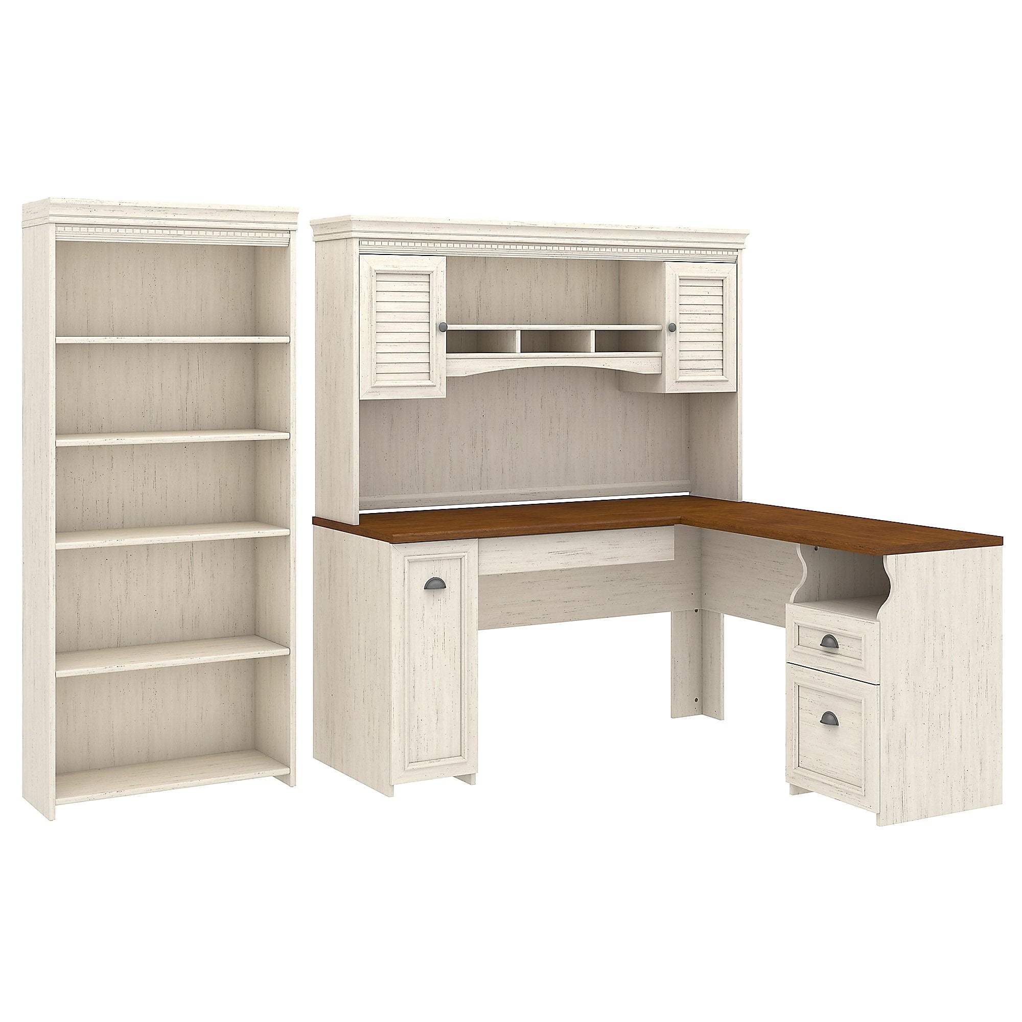 Bush Furniture Fairview L Shaped Desk w/Hutch and 5 Shelf Bookcase
