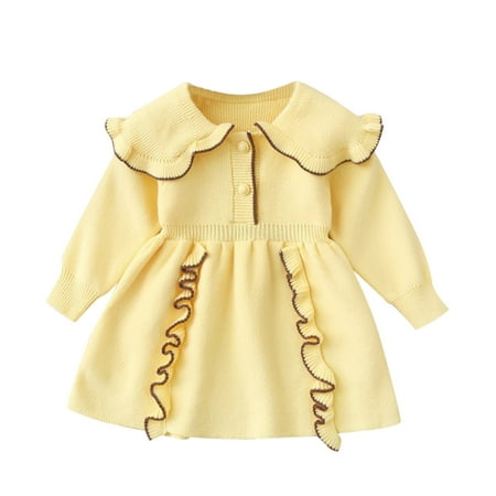 

Fsqjgq Summer Dresses Casual Kids Toddler Baby Girls Long Sleeve Patchwork Ruffled Sweater Princess Dress Outfits Flower Girl Lavender Dress Acrylic Fibers Yellow 110