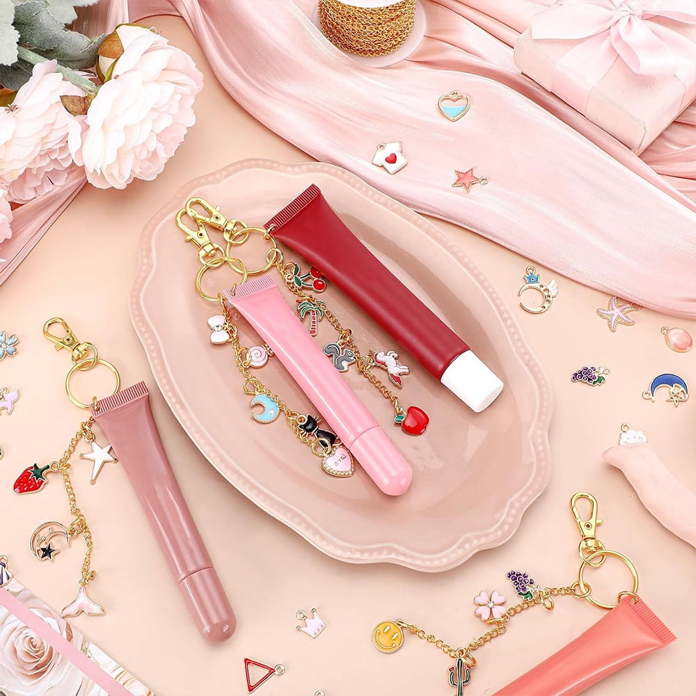Januofit  213 Pcs Lip Gloss Keychain Making Kit 100 Pink Enamel Charms 32.81 ft Gold Chains for DIY Crafts Women(Stylish)