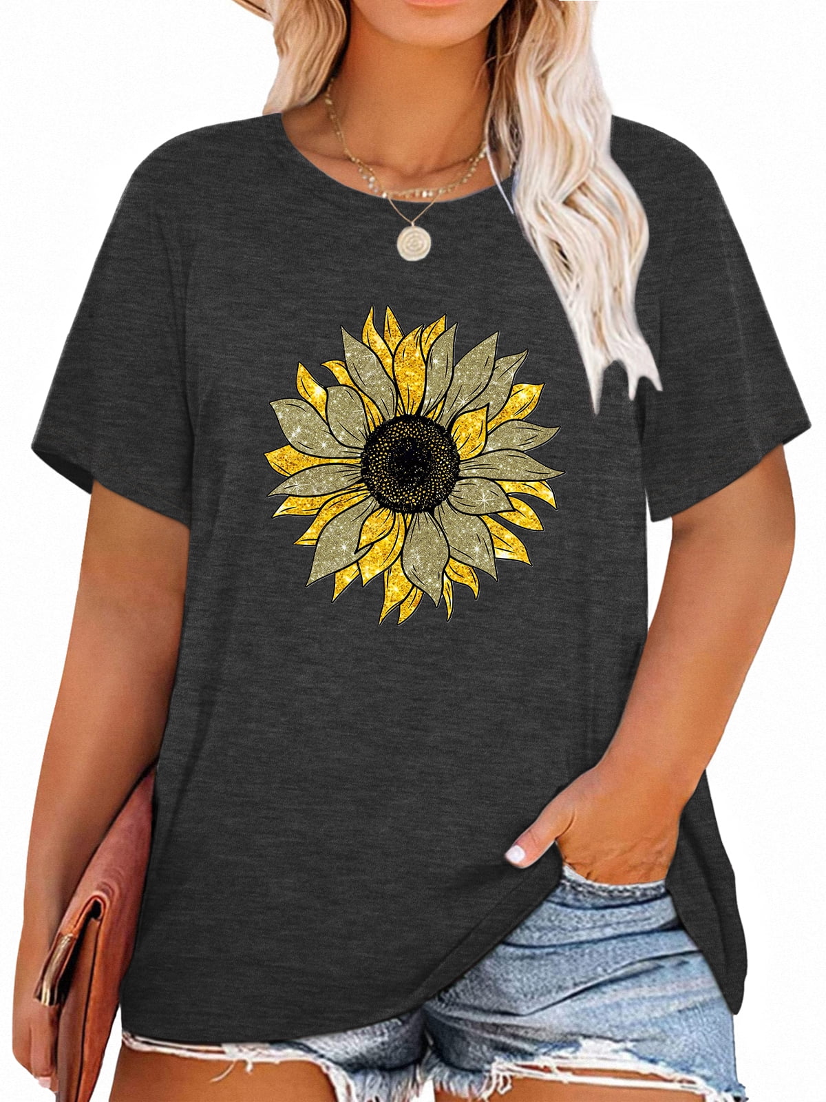 Anbech Sunflower Plus Size T-Shirts for Women Graphic Sunflowers Print ...
