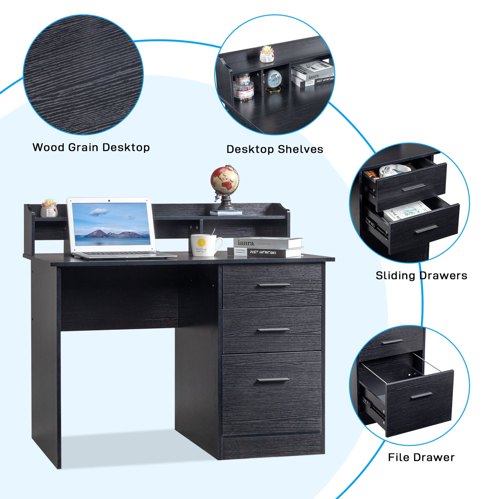 Computer Desk, Particleboard Paste Triamine Desktop Storage Layer Three Drawers Black Wood Grain, 110*50*95cm