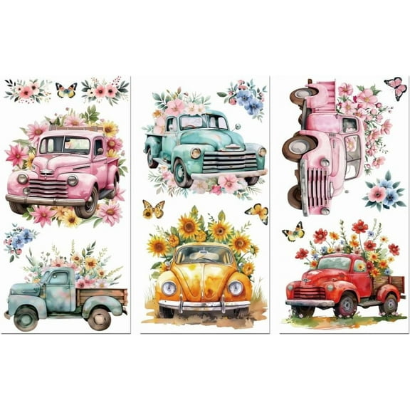 Rub on Transfer Sticker for Furniture Crafts Decor 6"x12" Flowers and Trucks 3Pcs Waterproof UV DTF Transfer for Lingerie Chests Drawer Dresser Glass Porcelain Wood Plastic