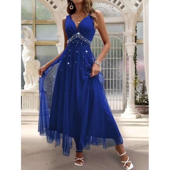 Royal Blue Sleeveless V-Neck Floor-Length Maxi Dress With Faux Pearl Embellishment And Sheer Tulle Overlay