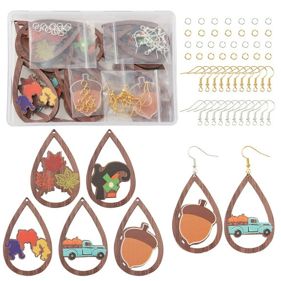 1box Thanksgiving Day Teardrop Earring Making Kit Including Pumpkin & Leaf & Acorn Wood Pendants Brass Jump Rings & Iron Earring Hooks Mixed color 70pcs/box