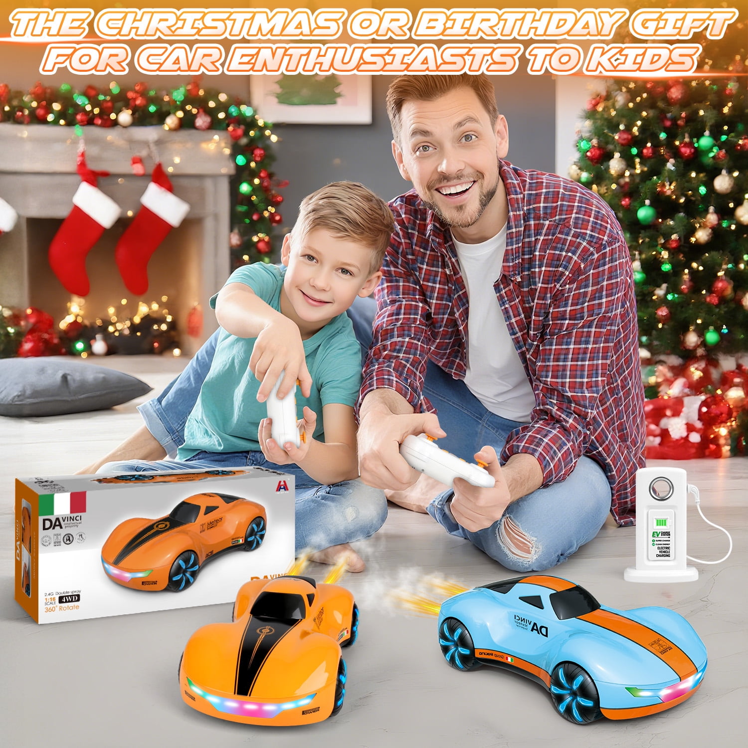 Huge Wave RC Cars for Aged 4-12 Boys , Rechargeable Remote Control Stunt Car, 360° Rotate, Cool Light & Dual Spray, Christmas Birthday Toy Gifts for Kids, Orange