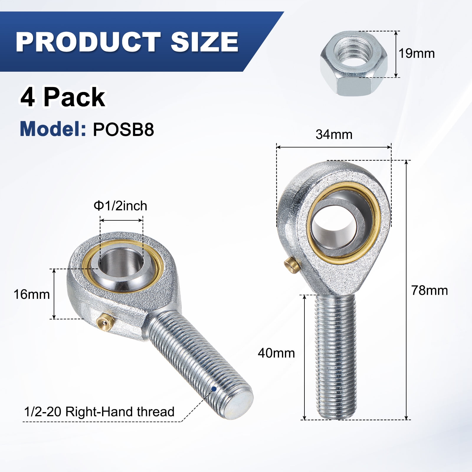 Uxcell 4pcs POSB8 Male Rod End Bearing 12 Inch Bore And 1 2 20 Left Hand Thread Self Lubricating Joint Rod Ends Includes Jam Nuts