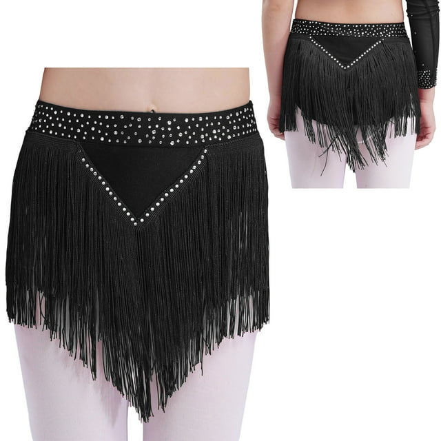 XUNZOO Jupe de Danse à Franges pour Filles, Bas de Danse Rave Festival, Sequins Brillants, Shorts à Franges Noirs 16