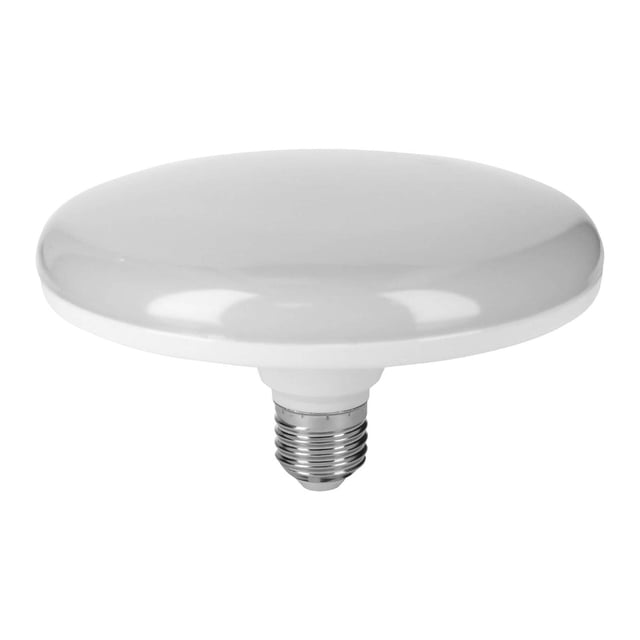 lámpara de led tipo ovni 18 w luz de día, en caja, volteck foco LED tipo ovni blanco, vista frontal centrada con difusor de polipropileno liso y base E27 metálica visible; diámetro 15 cm, alto 9 cm, difusión amplia 180° para iluminación decorativa y de acento; también suele usarse en plafones compactos.