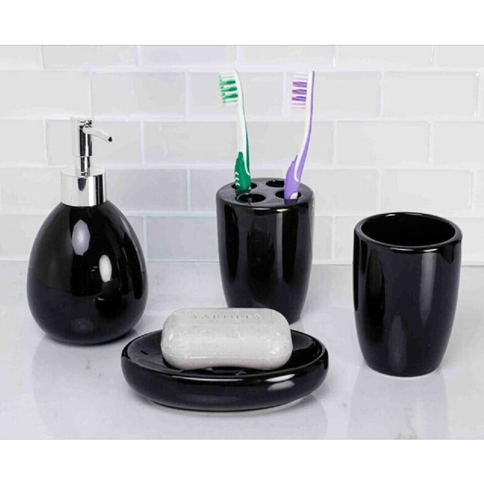 4 pc Modern Bathroom Clear Black Heavy Base Acrylic Plastic Bath Accessory Set 