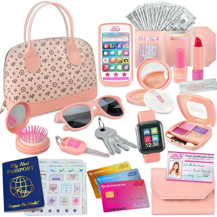 Play Purse for Little Girls - Pretend Play Toy Set for Kids Including Handbag, Makeup, Phone, Wallet, Smartwatch, Passport, Credit Cards, Keys - Birthday Gift Ideas for Girls Age 3 4 5 6 7 
