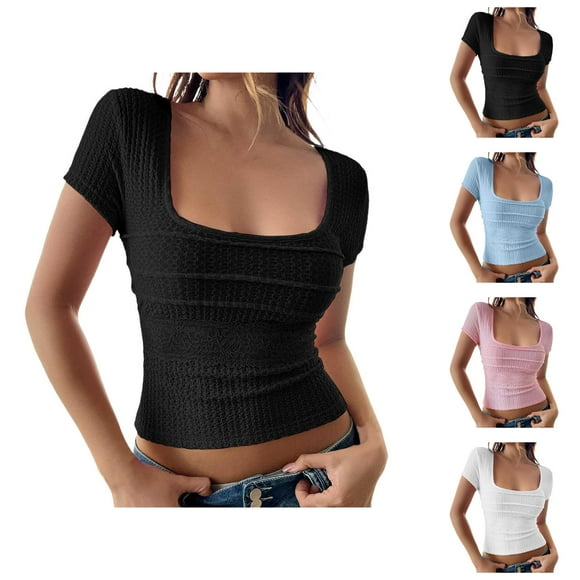 Womens T Shirts Summer Tops 2025 Short Sleeve Square Neck Back Tie Slim Fit Cropped Tees Tshirts Shirts for Women