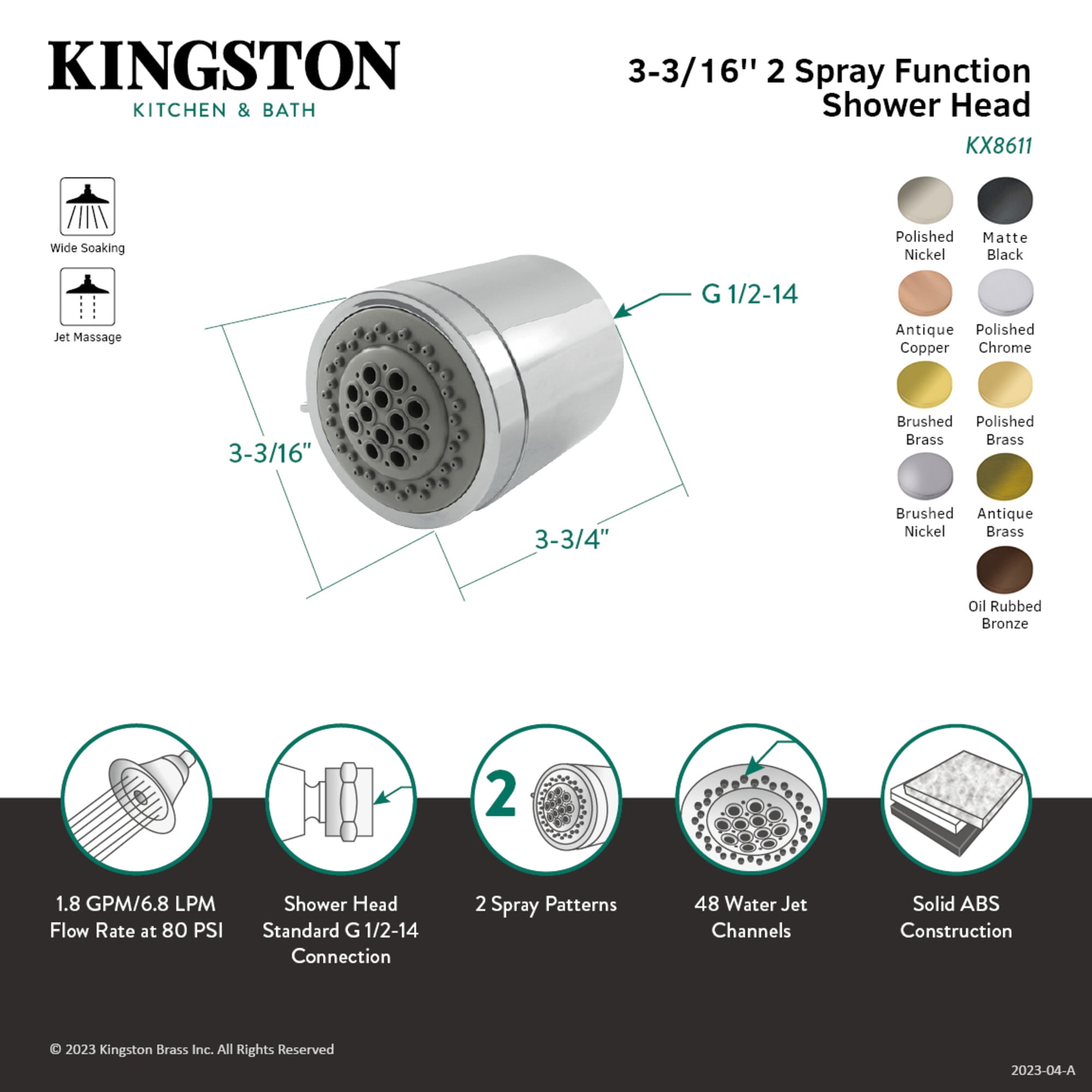 Kingston Brass KX8616AC Vilbosch 3-3/16 Inch Round 2-Function ABS Shower Head in Antique Copper