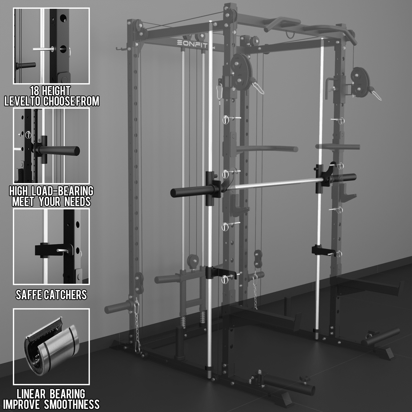 Eonfit E3 Smith Machine for Home Gym Equipment, Multi-Function Power Cage Squat Rack with Cable Crossover LAT Pulldown Pulley System All in One