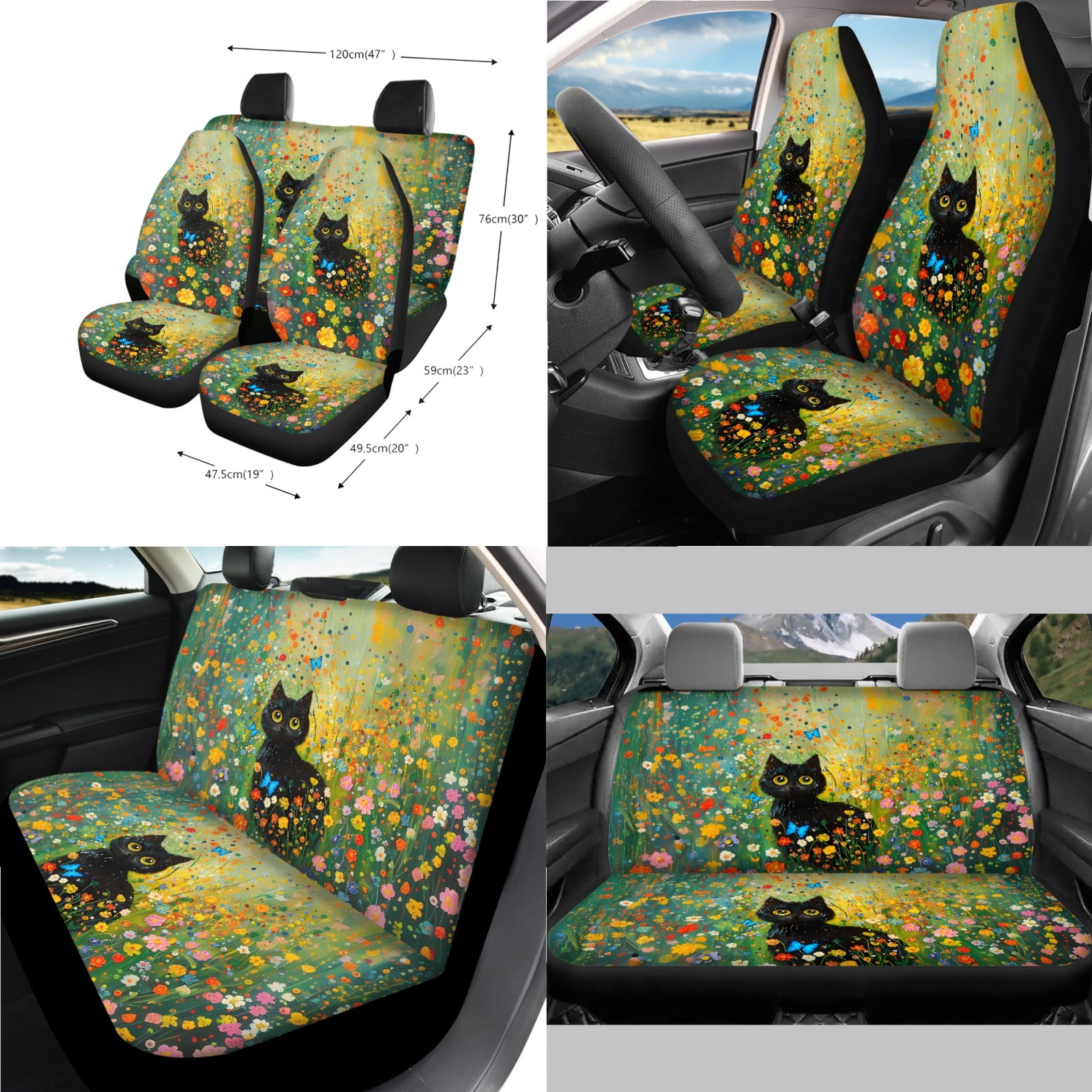 Jeiento Black Cat Car Seat Cover Set with Steering Wheel Cover Seat Belt Covers Waste Bin Center Console Pad Rear View Mirror Cover Floral Handbrake Cover Set Coasters Auto Accessories Set of 14
