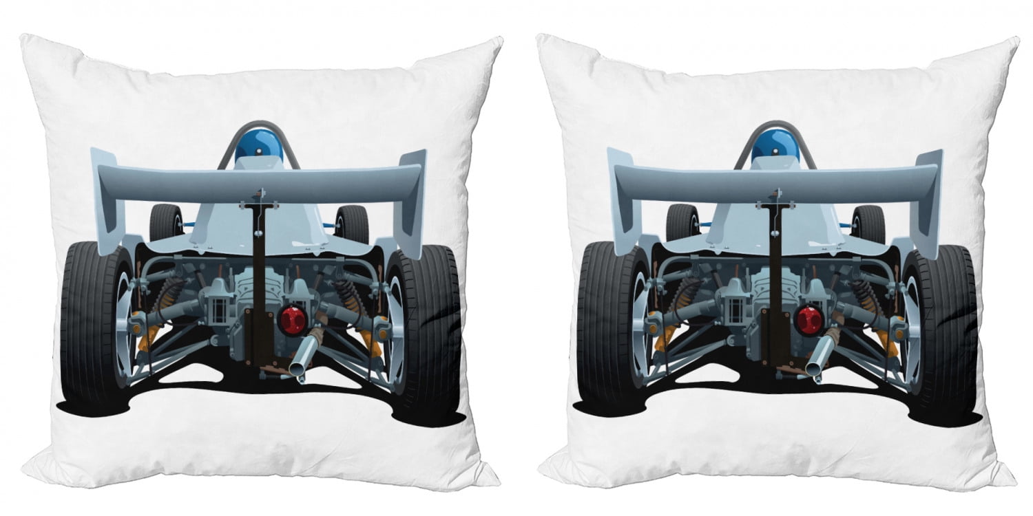 Cars Throw Pillow Cushion Cover Pack of 2, Back View of a Formula Race Car Rally Competition