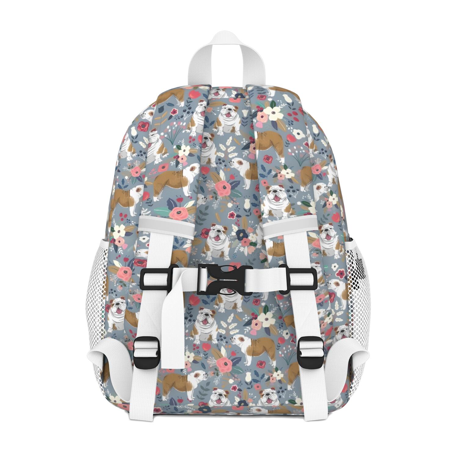 Bulldog Dog and Flower Florals Backpack for School,Cute School Bag,Schoolbag with Adjustable Shoulder Straps & Padded Back,15"x11.42"x5.5"