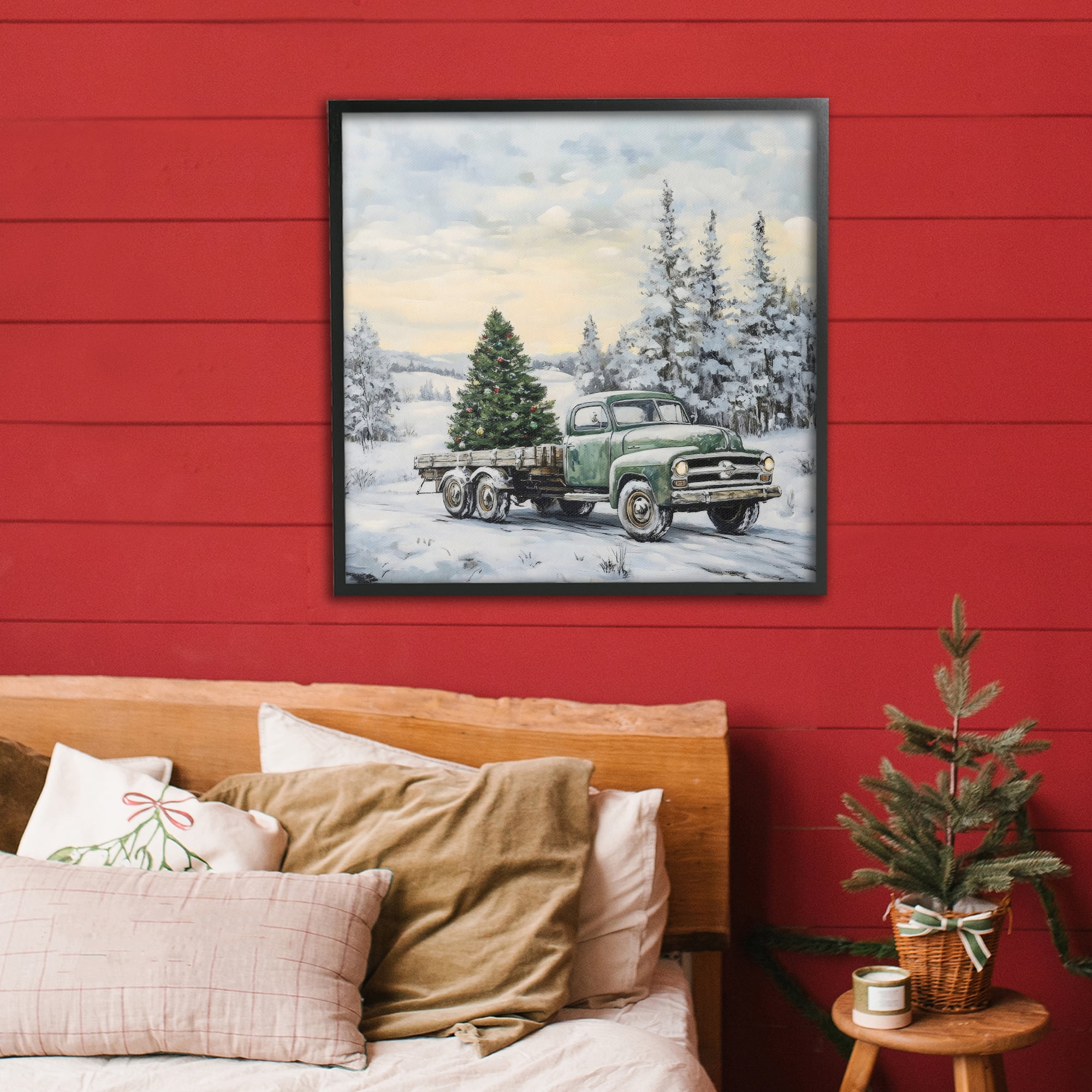 Green Christmas Tree Truck Black Framed Giclee Art, design by Petal Prints Design