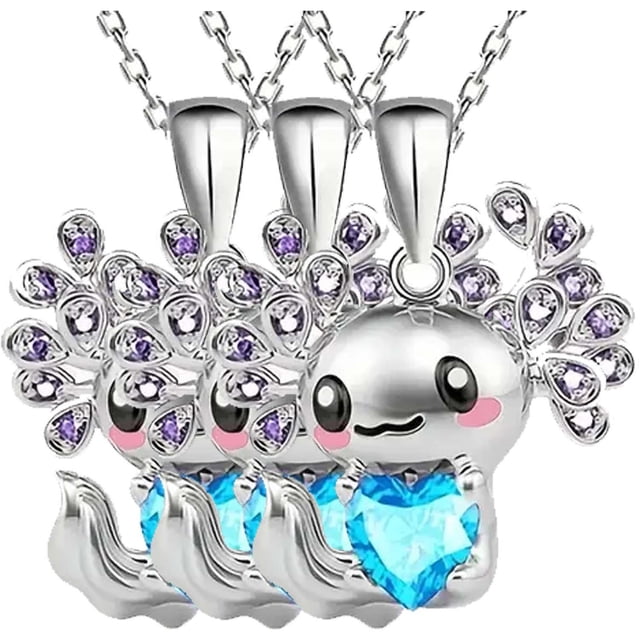 Colgantes con Dijees de Ajolote AxolotlNeck05 3Pzas Ajolote/Corazón Plata/Azul Metal Cadena y Dije.