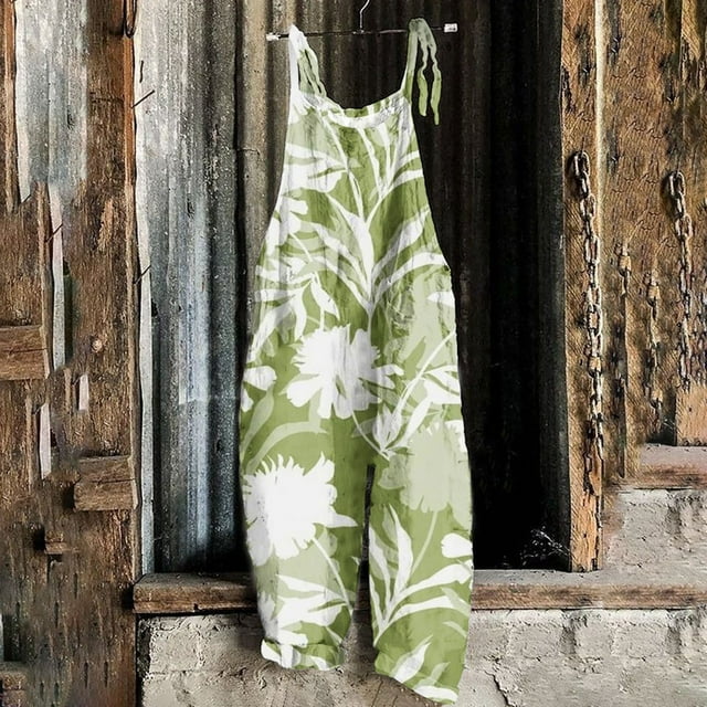 LOVZFMLL Combinaison Femme, Imprimé Été Sans Manches Dos Nu Ample Longue Verte, 2TG