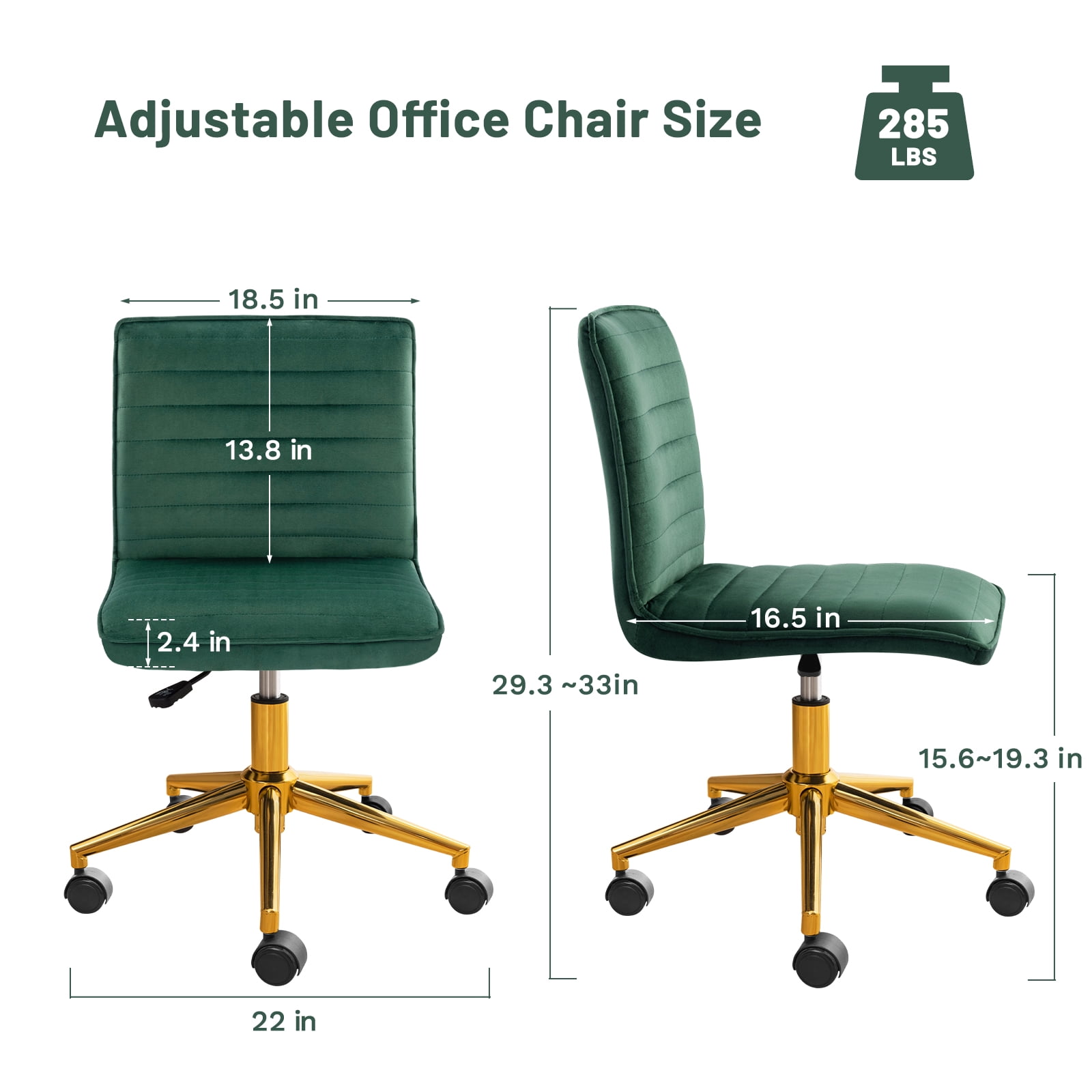 Furniliving Velvet Armless Mid-Back  Task Chair Swivel Office Chair Rolling Computer Chair Adjustable Vanity Chair, Dark Green