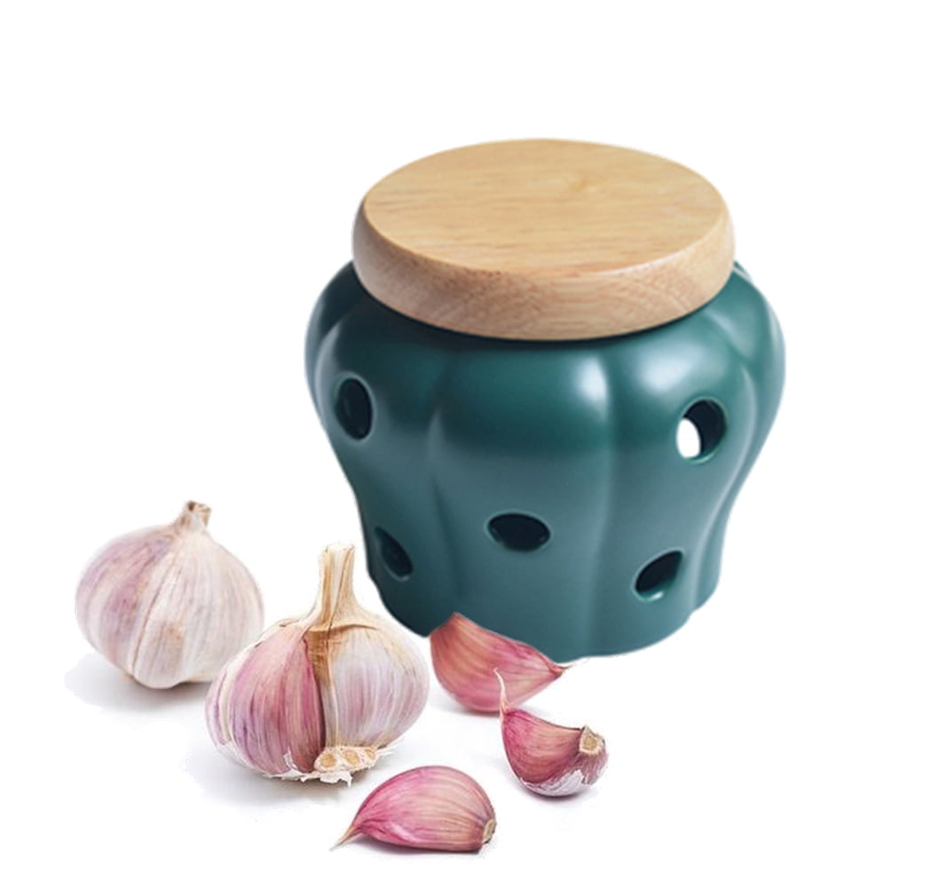 Mornenjoy Garlic Keeper,Ceramic Macaron Tone Garlic Jar Hollow Pumpkin