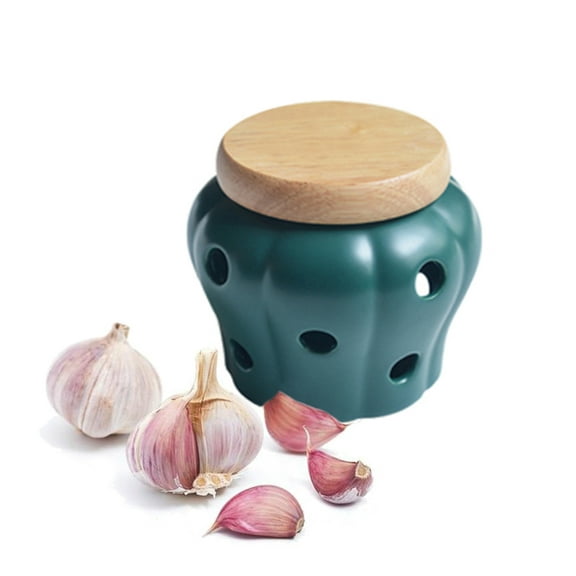 Mornenjoy Garlic Keeper,Ceramic Macaron Tone Garlic Jar Hollow Pumpkin Garlic Vented Storage Container Garlic Cellar Pot with Bamboo Lid (Teal green)