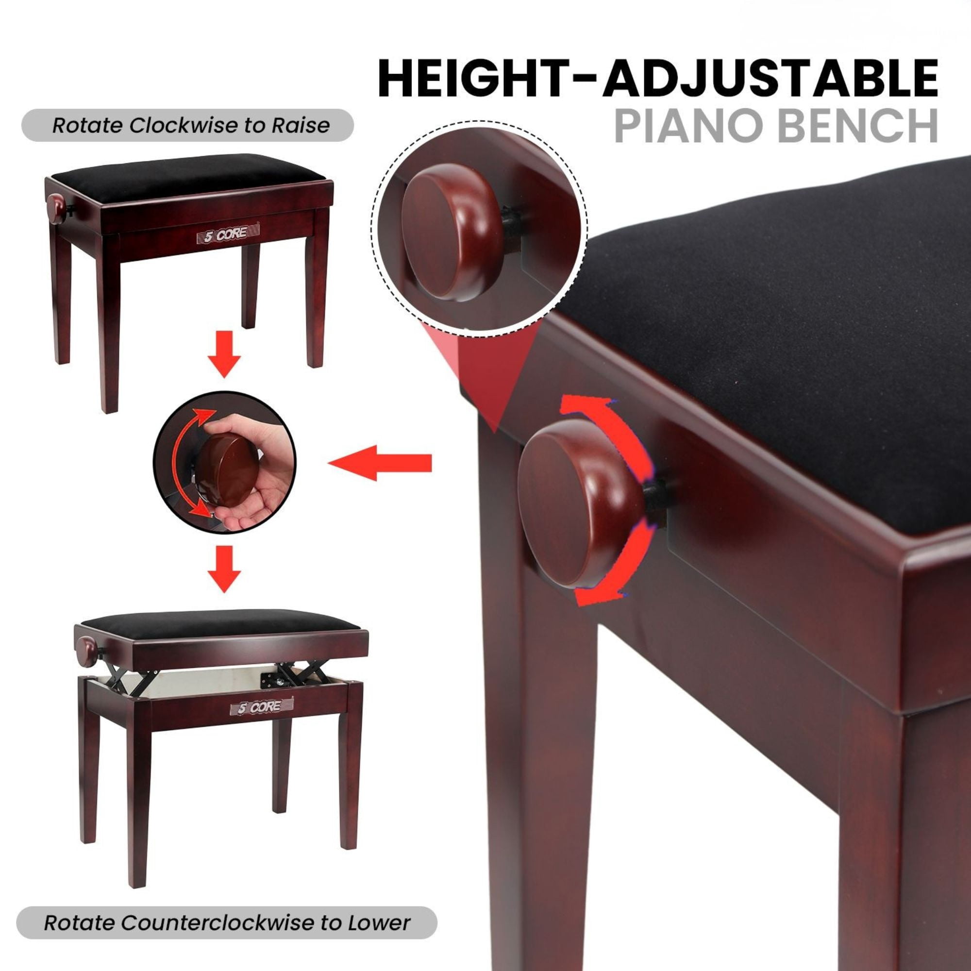 Adjustable Piano Bench - Padded Solid Wood Keyboard Stool (18"-22") - Brown