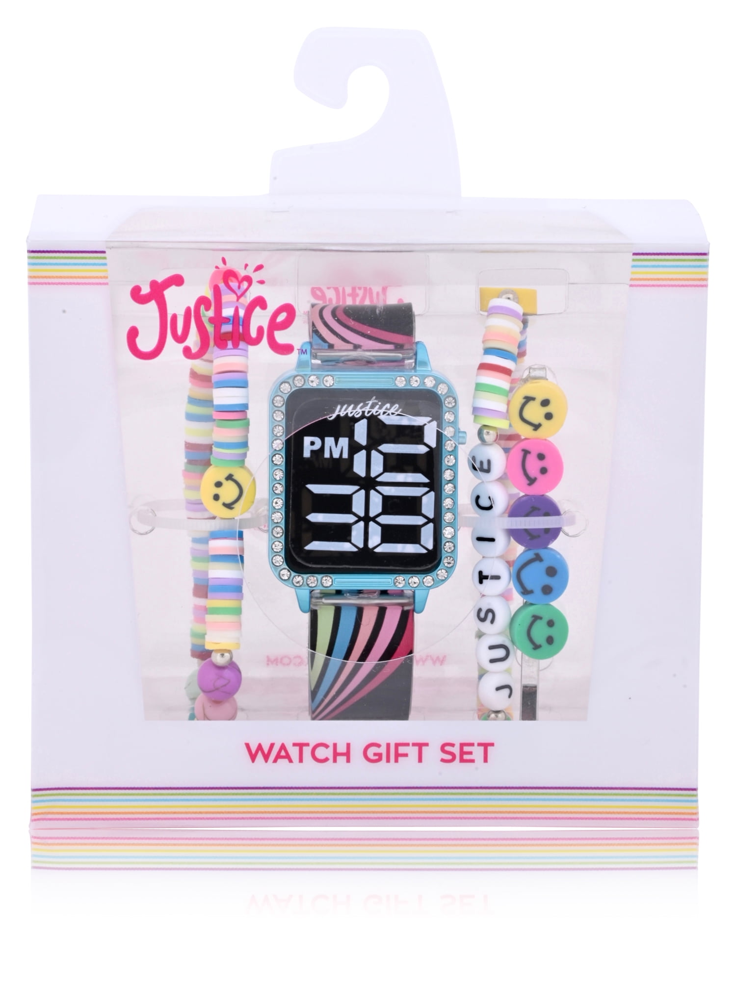 Justice Black Rainbow Strap LED Watch with Silicone Strap with Happy Face Bracelet Set