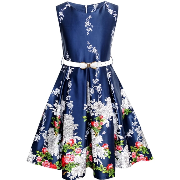 Girls Dress Navy Blue Flower Belt Vintage Party Sundress 6