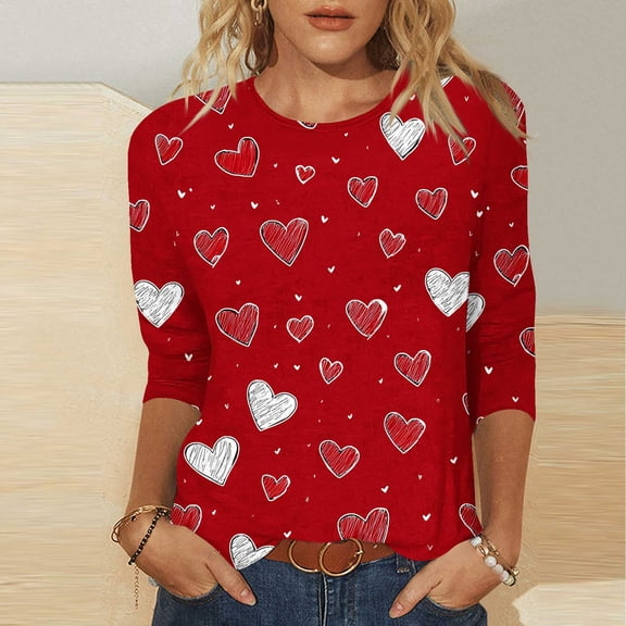 EchfiProm Womens Valentines Day Shirts Valentine T-Shirt Love Heart Gifts 3/4 Sleeve Top for Ladies Wine