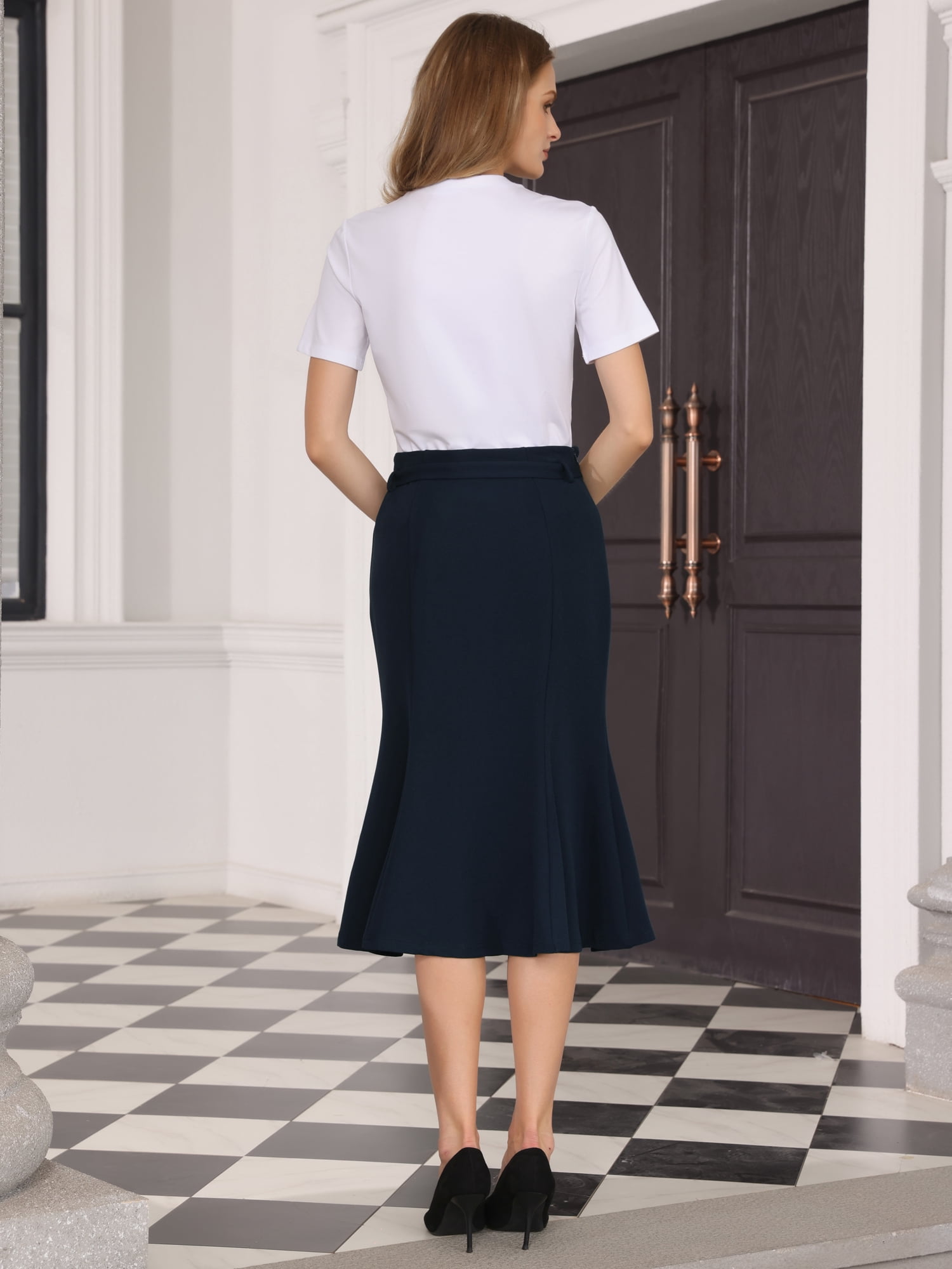 DARING DIVA Women Fishtail High Waist Belted Work Midi Mermaid Skirts L Dark Blue