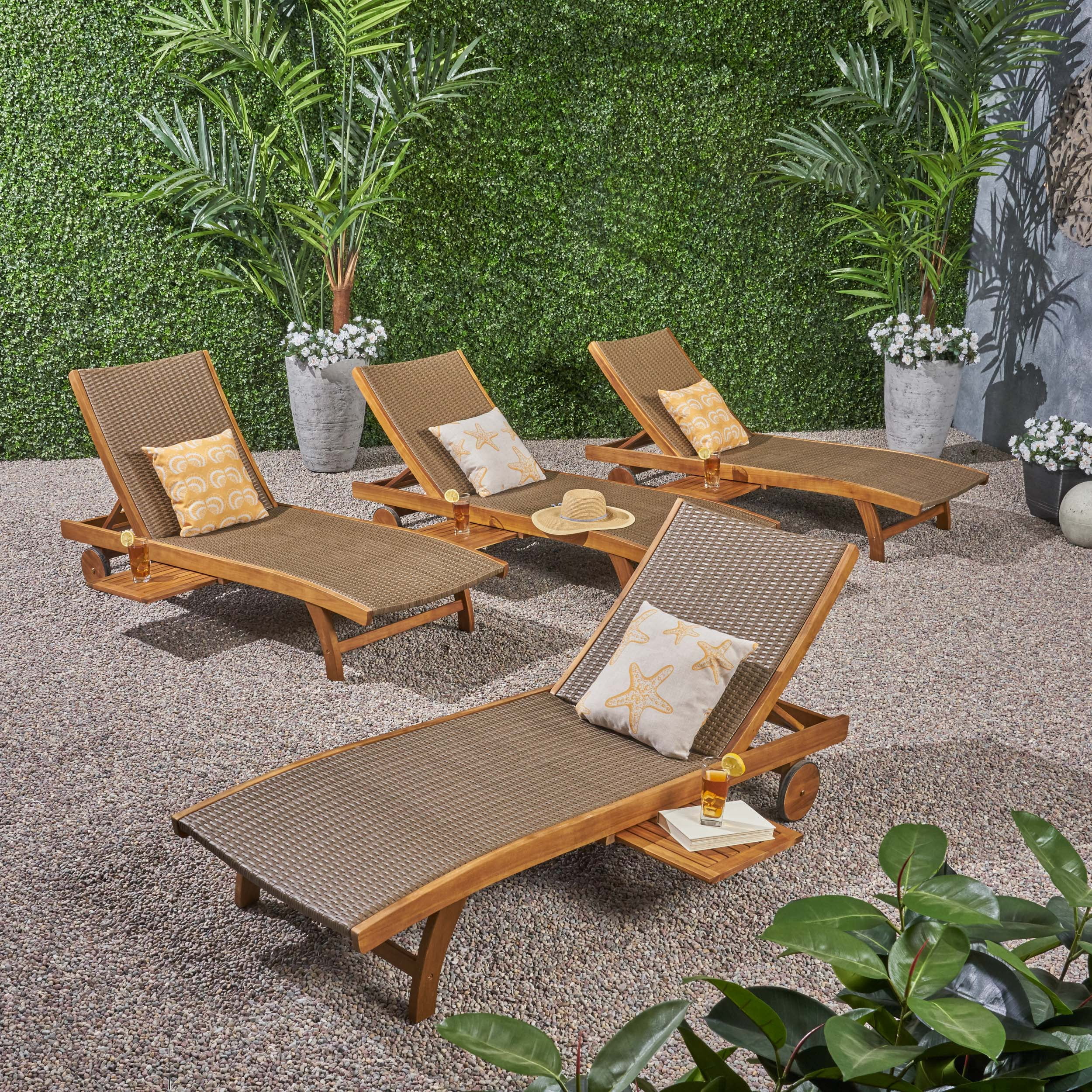 Wood Chaise Lounge Outdoor Garden Patio Backyard Recliner Chair W/End Tray/Table 