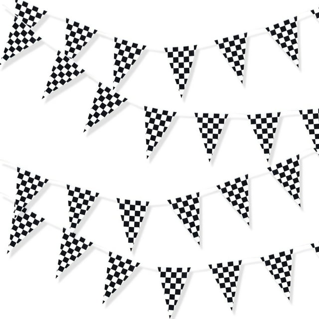 Hot Wheels Party Essential, 100Ft Reusable Checkered Flag Banner, 48 Pieces Of Weatherproof Polyplastic Pennants, Bold Triangular Cut For Authentic Racing Party Decorations