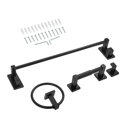 KFFKFF Matte Black Bathroom Hardware Set, 4-Piece Stainless Steel Accessories Kit, Includes 24-Inch Towel Bar, Towel Ring, Robe Hook, and Toilet Paper Holder, Wall-Mounted Design for Bathroom Use
