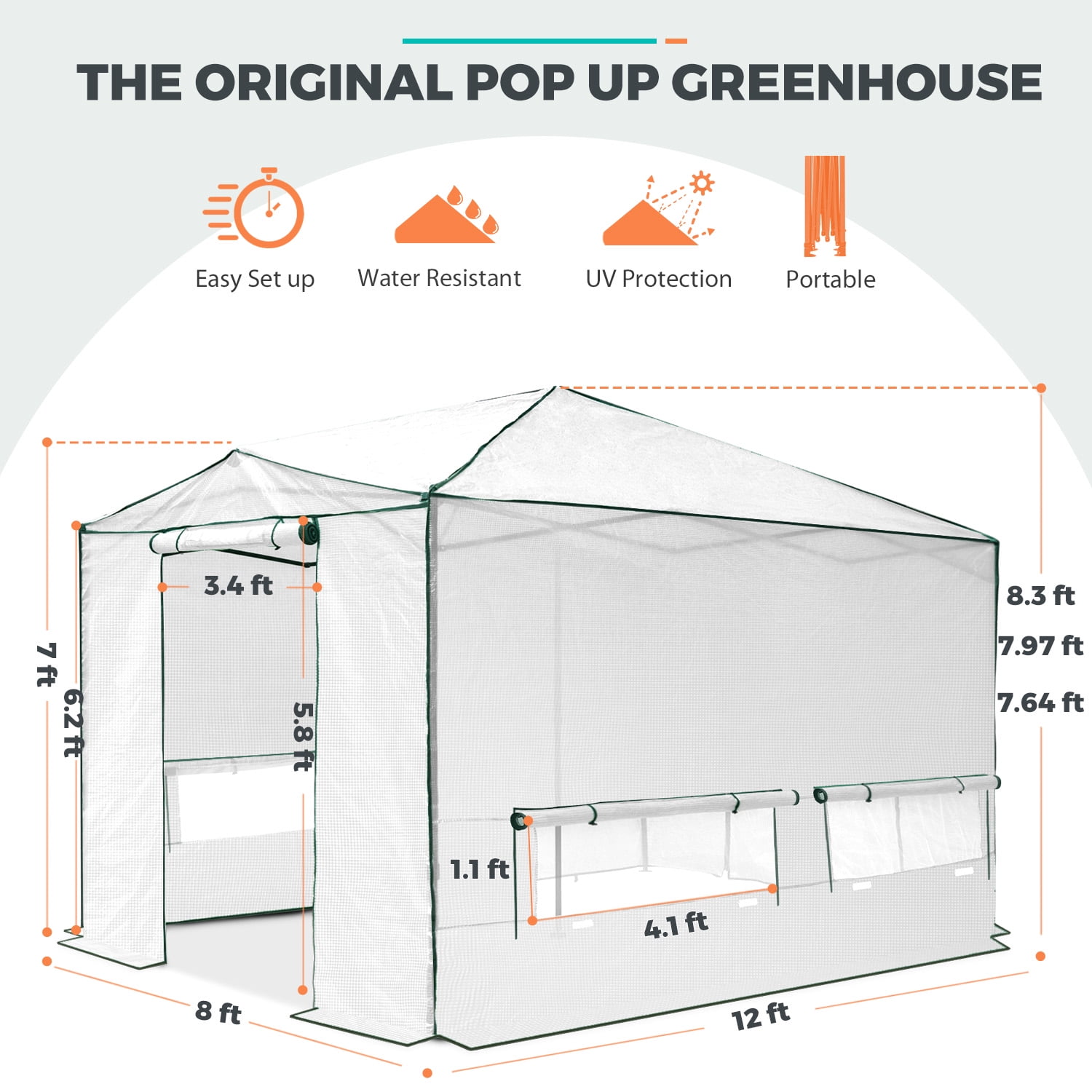 EAGLE PEAK 12x8 Portable Large Walk-in Instant Greenhouse with Support Pole, Pop-up Easy Setup Outdoor Plant Gardening Green House Canopy, White