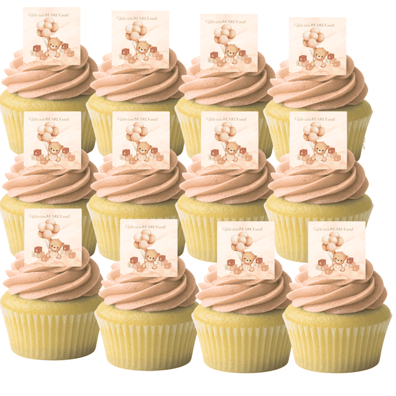 Neutral Teddy Bear Baby Cupcake Picks – 24 Edible Wafer Paper Decorations